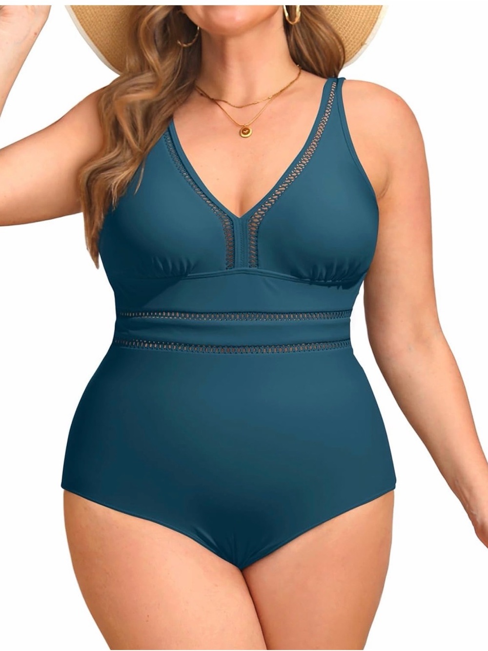 Plus-Size V-Neck One-Piece Swimsuit in Deep Teal